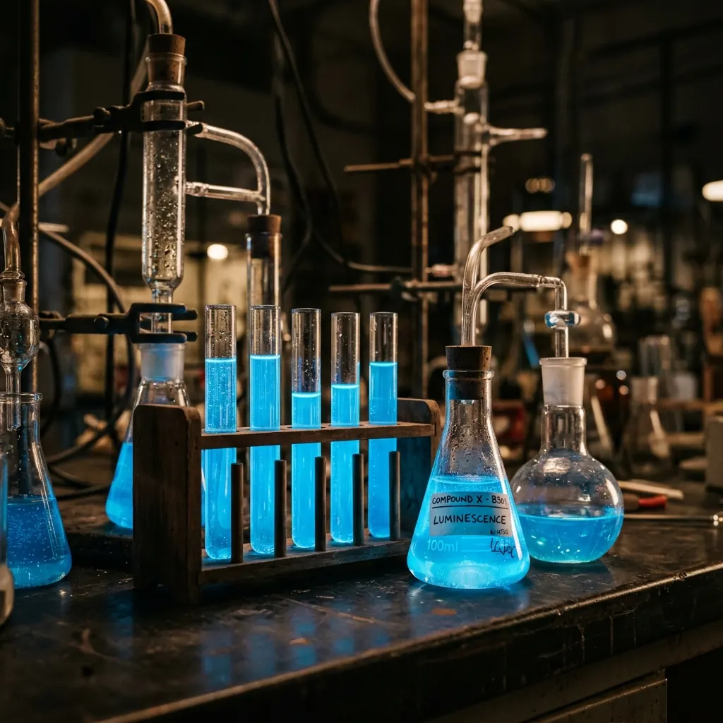 Laboratory flasks with blue solution